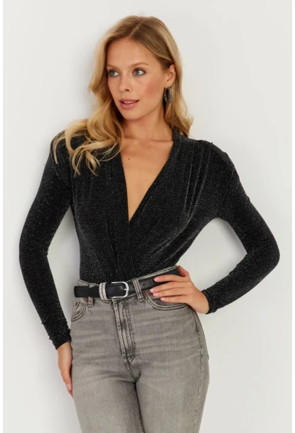 Kadın Siyah Vatkalı Kruvaze Çıtçıtlı Bodysuit GÇ151