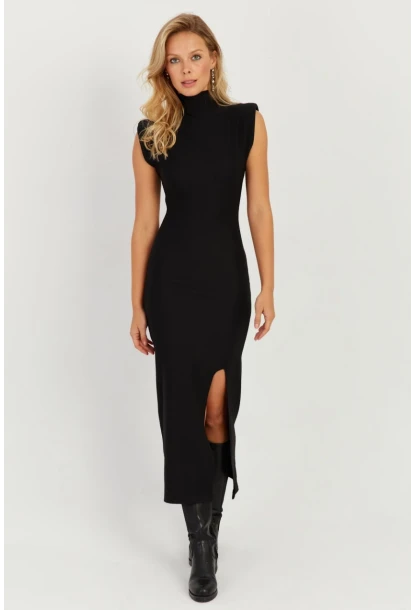 Kadın Siyah Vatkalı Yırtmaçlı Midi Elbise MON120