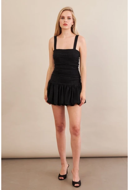 Kadın Siyah Volanlı Astarlı Mini Tül Elbise KED7316