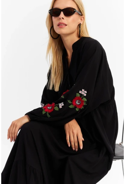 Kadın Siyah Volanlı Maxi Elbise MALO9