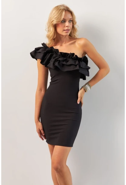 Kadın Siyah Volanlı Mini Elbise KED4294