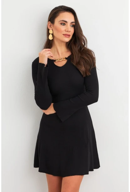 Kadın Siyah Yakası Aksesuarlı Mini Elbise FRY2267