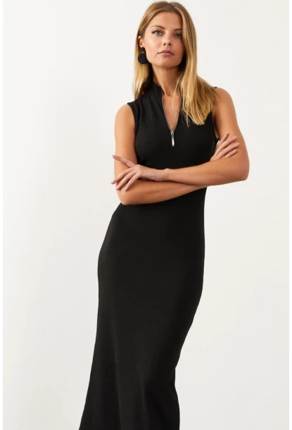 Kadın Siyah Yakası Fermuarlı Kolsuz Kaşkorse Elbise Yİ1959