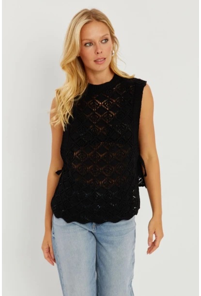 Kadın Siyah Yanları Bağlamalı Ajurlu Süveter YV226