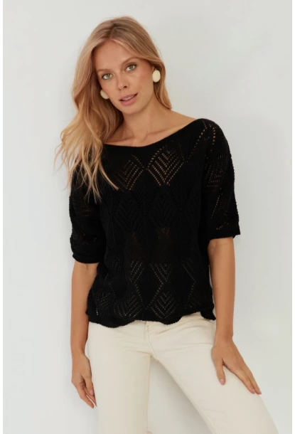 Kadın Siyah Yarasa Kol Ajurlu Triko Bluz YZ621