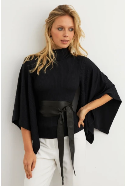 Kadın Siyah Yarasa Kol Balıkçı Bluz MTF32