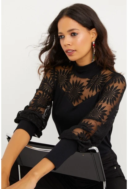Kadın Siyah Yarım Balıkçı Dantelli Bluz BK1272