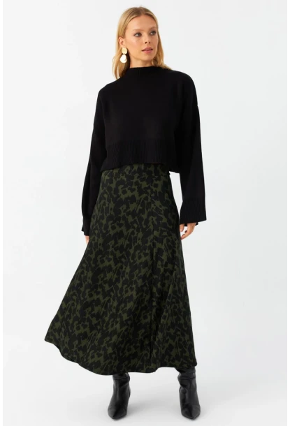 Kadın Siyah-Yeşil Desenli Çan Etek LON3007