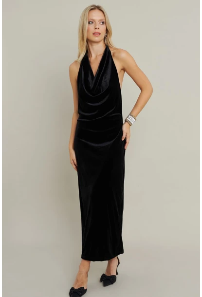 Kadın Siyah Yılbaşı Degaje Yaka Uzun Elbise GÇ197