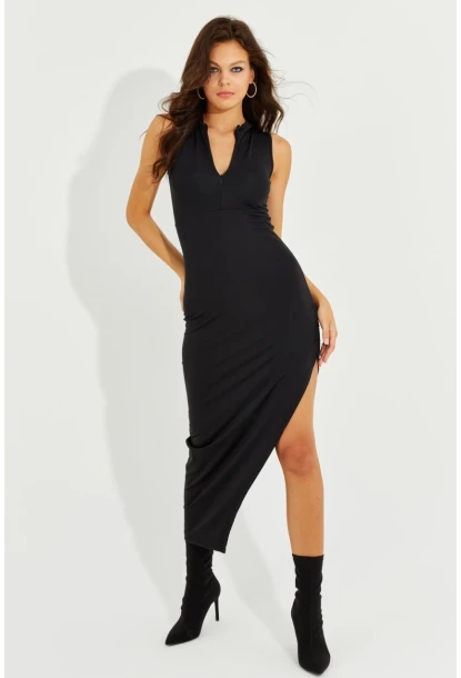 Kadın Siyah Yırrtmaçlı Fermuarlı Maxi Elbise YEL83