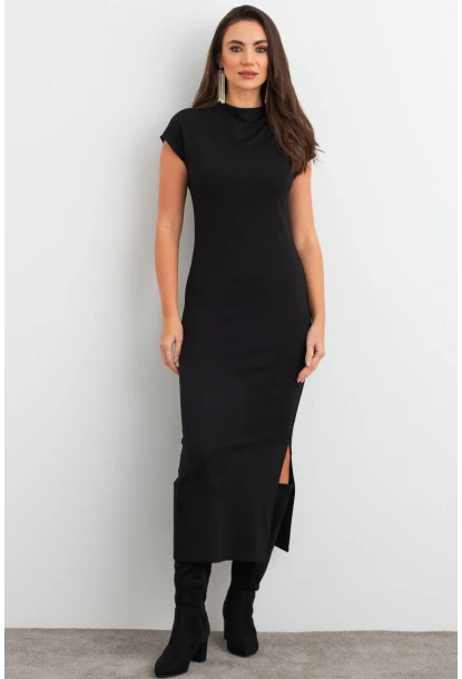 Kadın Siyah Yırtmaçlı Basic Midi Elbise AYD408