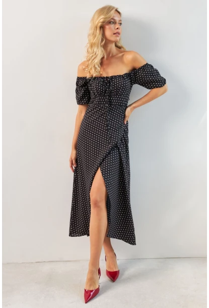 Kadın Siyah Yırtmaçlı Desenli Midi Elbise KED0243