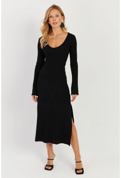 Kadın Siyah Yırtmaçlı Kaşkorse Midi Elbise EY2702