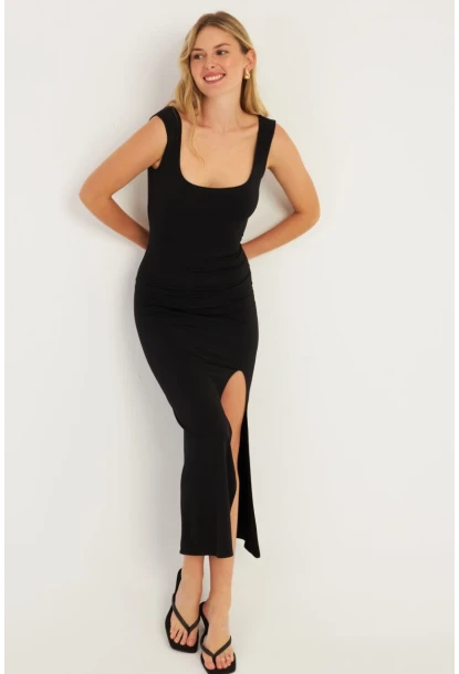 Kadın Siyah Yırtmaçlı Midi Elbise  MON1152