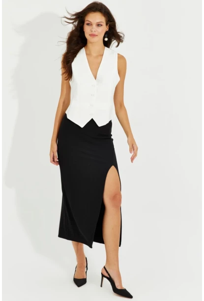 Kadın Siyah Yırtmaçlı Midi Etek RMZ20522