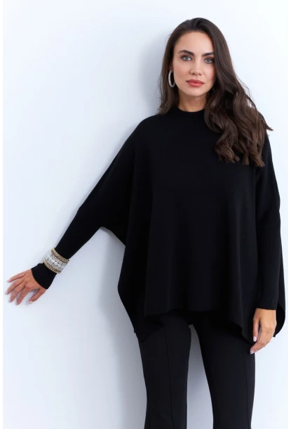 Kadın Siyah Yırtmaçlı Triko Bluz MSMT2262