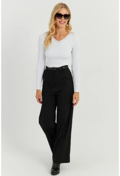 Kadın Siyah Yüksek Bel Çizgili Pantolon ELA108