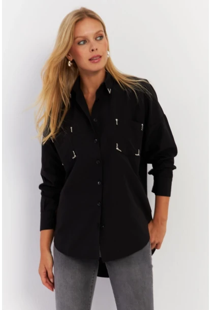 Kadın Siyah Zımbalı Gömlek MASF2