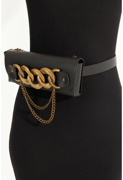 Kadın Siyah Zincir Aksesuarlı Bel Çantası BE692