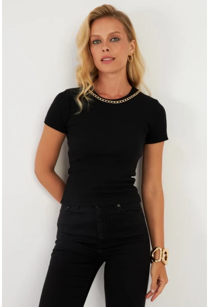 Kadın Siyah Zincir Aksesuarlı Bluz XL2020