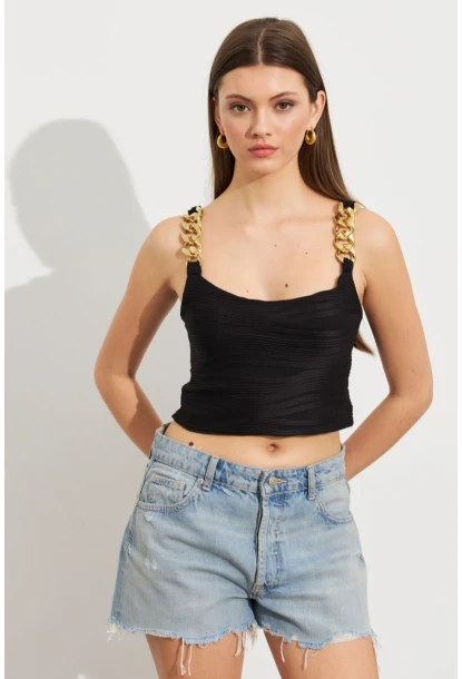Kadın Siyah Zincir Askılı Astarlı Crop Bluz LİT109