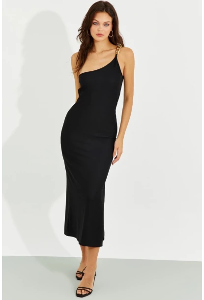 Kadın Siyah Zincir Detaylı Tek Omuz Midi Elbise RMZ21065