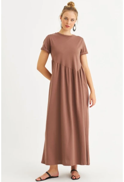 Kadın Sütlü Kahve Asimetrik Dikişli Maxi Elbise MDMR440