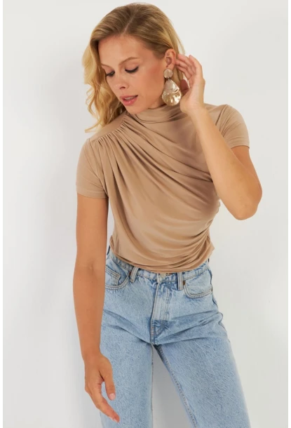 Kadın Sütlü Kahve Büzgülü Bluz LPP1287