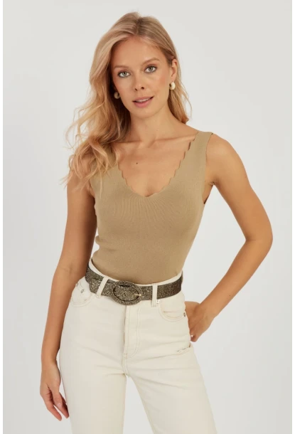 Kadın Sütlü Kahve Merdiven Yaka Triko Bluz YV83