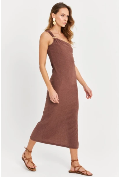 Kadın Sütlü Kahve Omuz Aksesuarlı Kolsuz Midi Elbise MOD2400