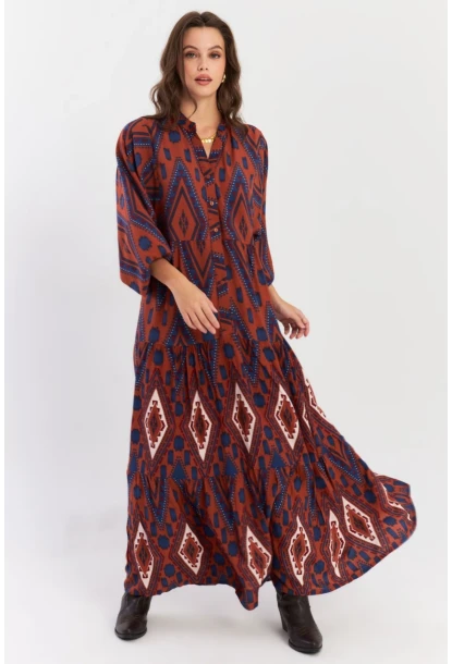 Kadın Taba Desenli Volanlı Maxi Dokuma Elbise ALO339