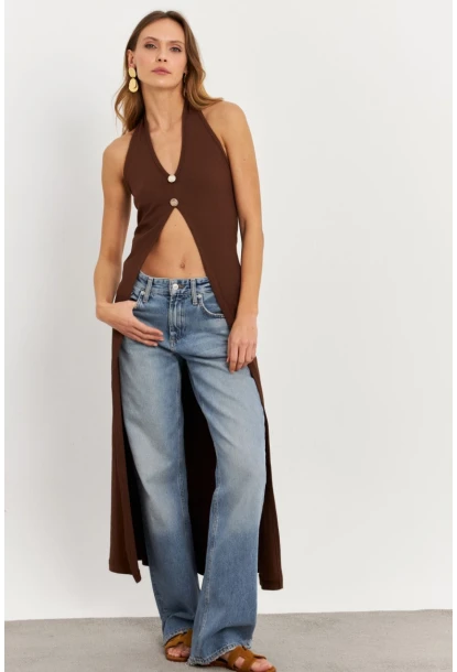 Kadın Taba Düğme Detaylı Uzun Yelek EY3048