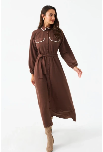 Kadın Taba Kemerli Maxi Gömlek Elbise MASF17