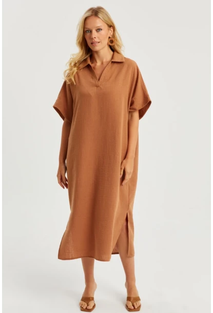 Kadın Taba Keten Midi Elbise DMR85