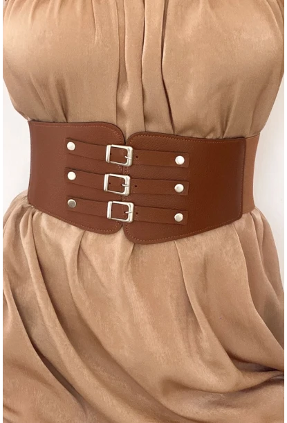 Kadın Taba Üç Tokalı Lastikli Korse Kemer BE642