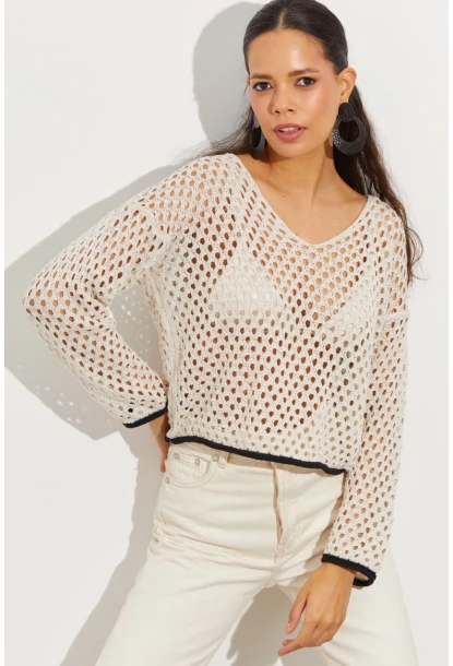 Kadın Taş Ajurlu Triko Bluz YV138