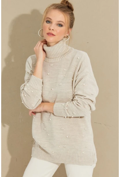 Kadın Taş Balıkçı Yaka İncili Triko Kazak MSS129