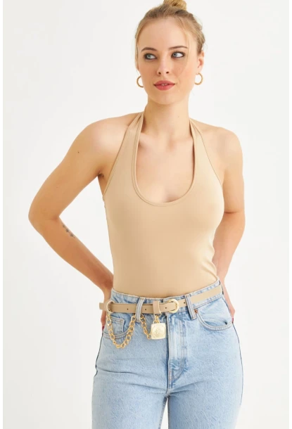 Kadın Taş Boyun Askılı Crop Bluz TF69