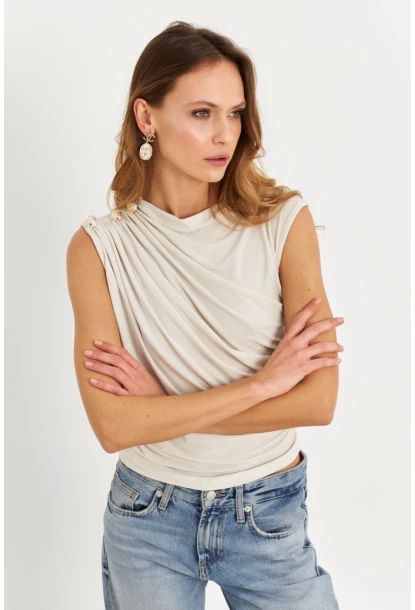 Kadın Taş Düğme Detaylı Büzgülü Bluz LPP1205-1