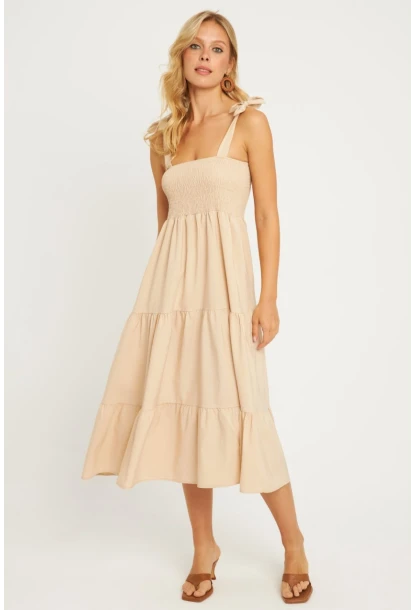 Kadın Taş Gipeli Volanlı Midi Elbise SGT407