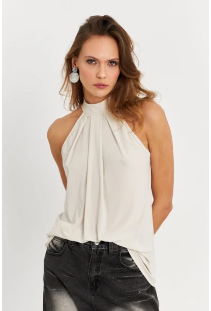 Kadın Taş Halter Yaka Desenli Bluz LPP1273