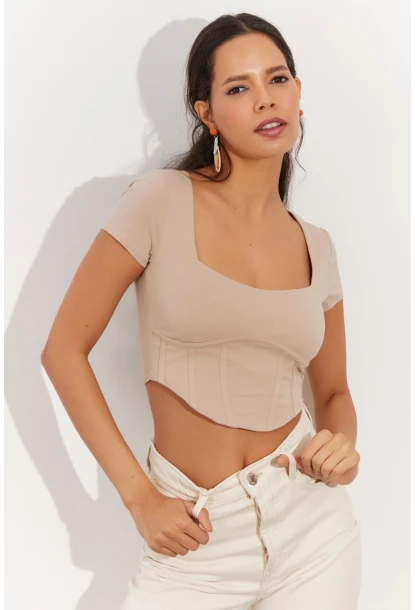 Kadın Taş Kare Yaka Crop Bluz RX420