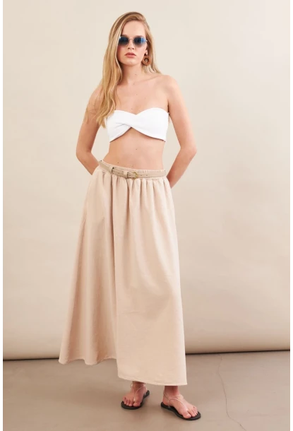 Kadın Taş Keten Cepli Midi Etek RSP4440