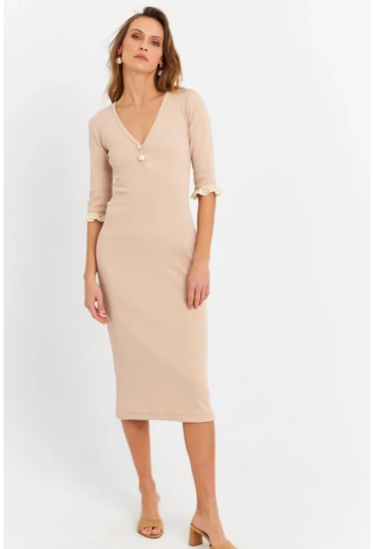 Kadın Taş Kolları Dantel Detaylı Kaşkorse Midi Elbise EY2955