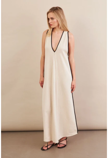 Kadın Taş Kontrast Çizgili Maxi Keten Elbise MSİ101