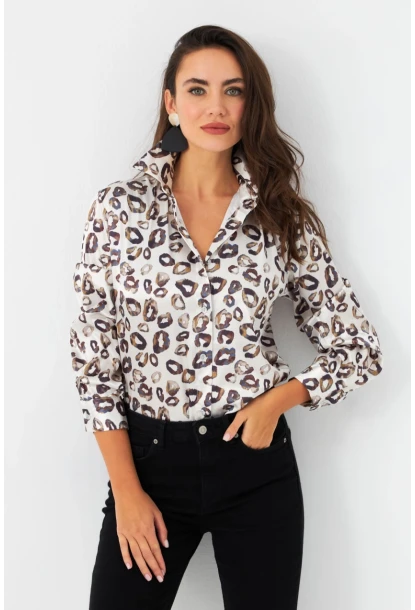 Kadın Taş Leopar Desenli Saten Gömlek SHR9