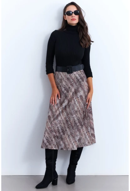 Kadın Taş-Siyah Yılan Desenli Saten Çan Etek ELT161