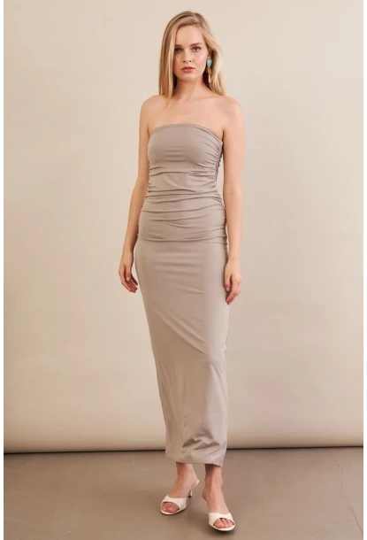 Kadın Taş Straplez Büzgülü Midi Elbise MX2005