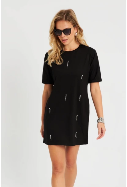 Kadın Taşlı Mini Elbise Siyah ST831
