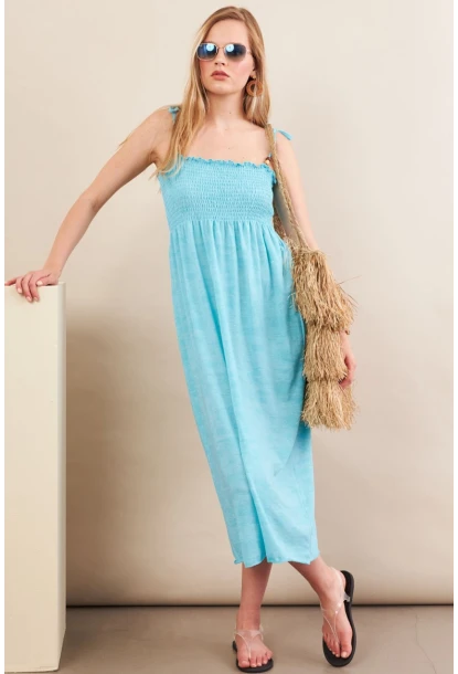 Kadın Turkuaz Gipeli Midi Plaj Elbisesi OR501